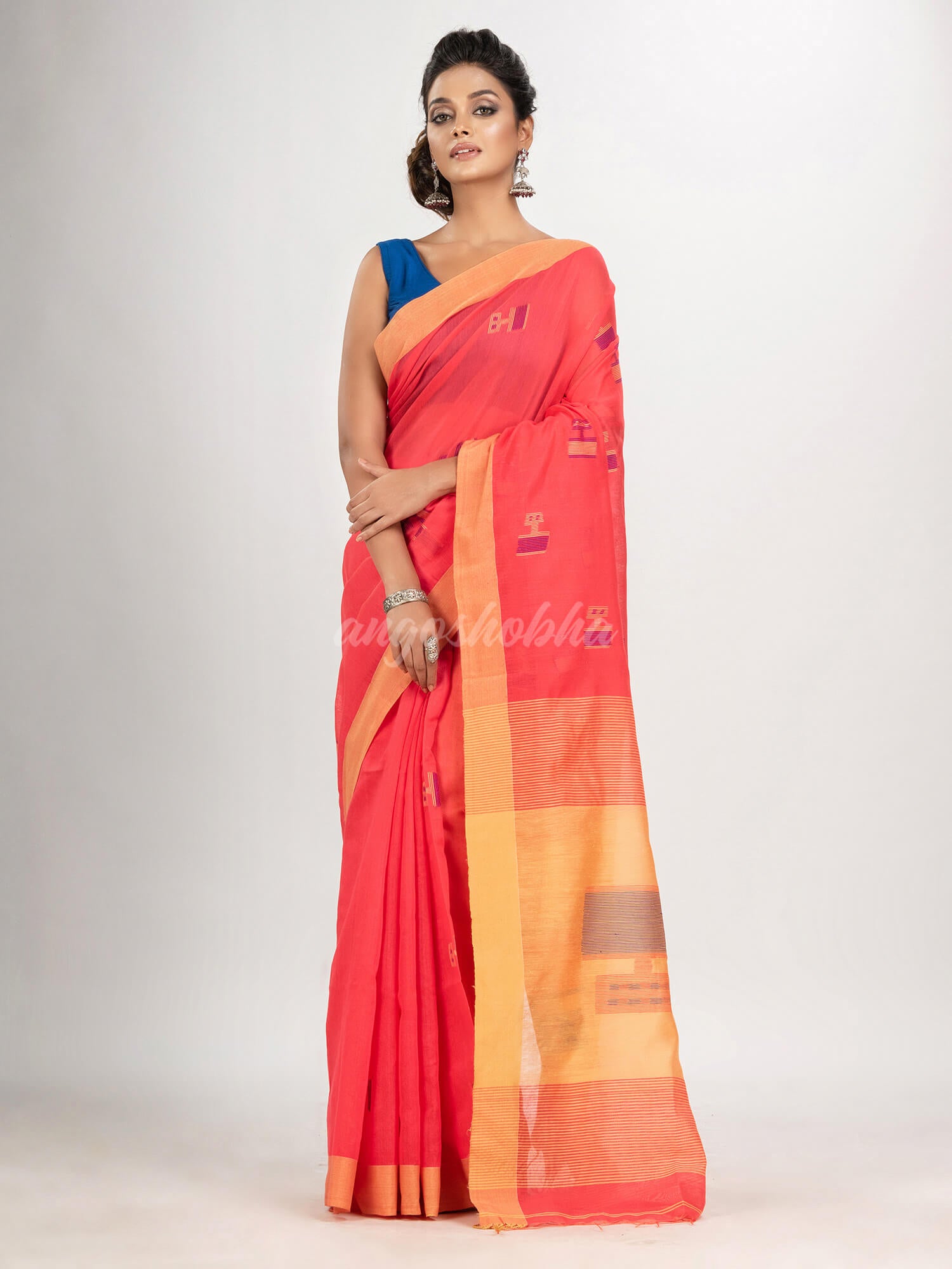 Pastel red cotton blend all body laptop motive with pallu light yellow jamdani saree