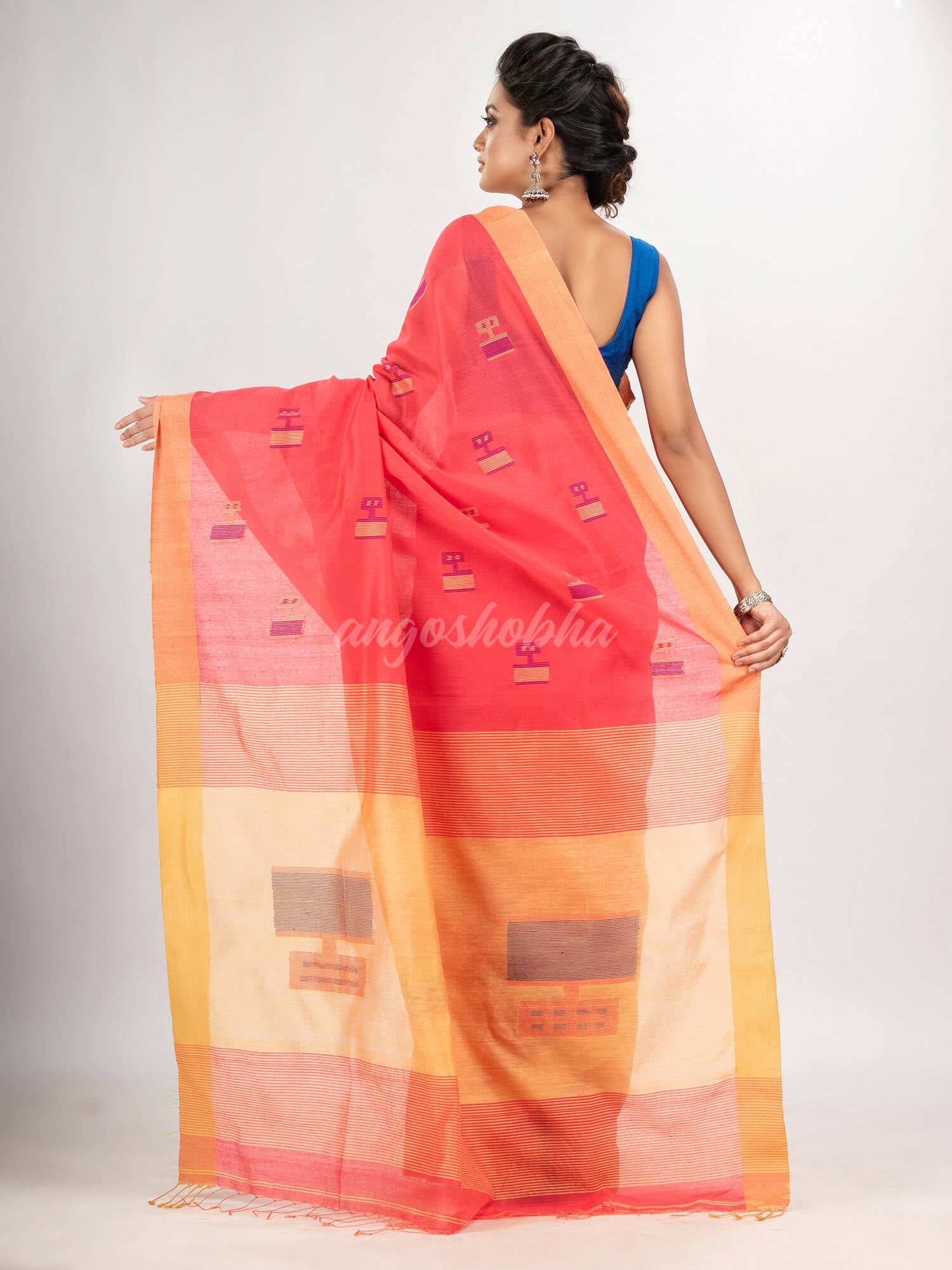 Pastel red cotton blend all body laptop motive with pallu light yellow jamdani saree