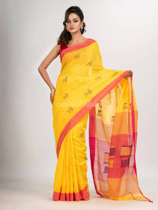 Yellow cotton blend all body laptop motive with pallu red jamdani saree