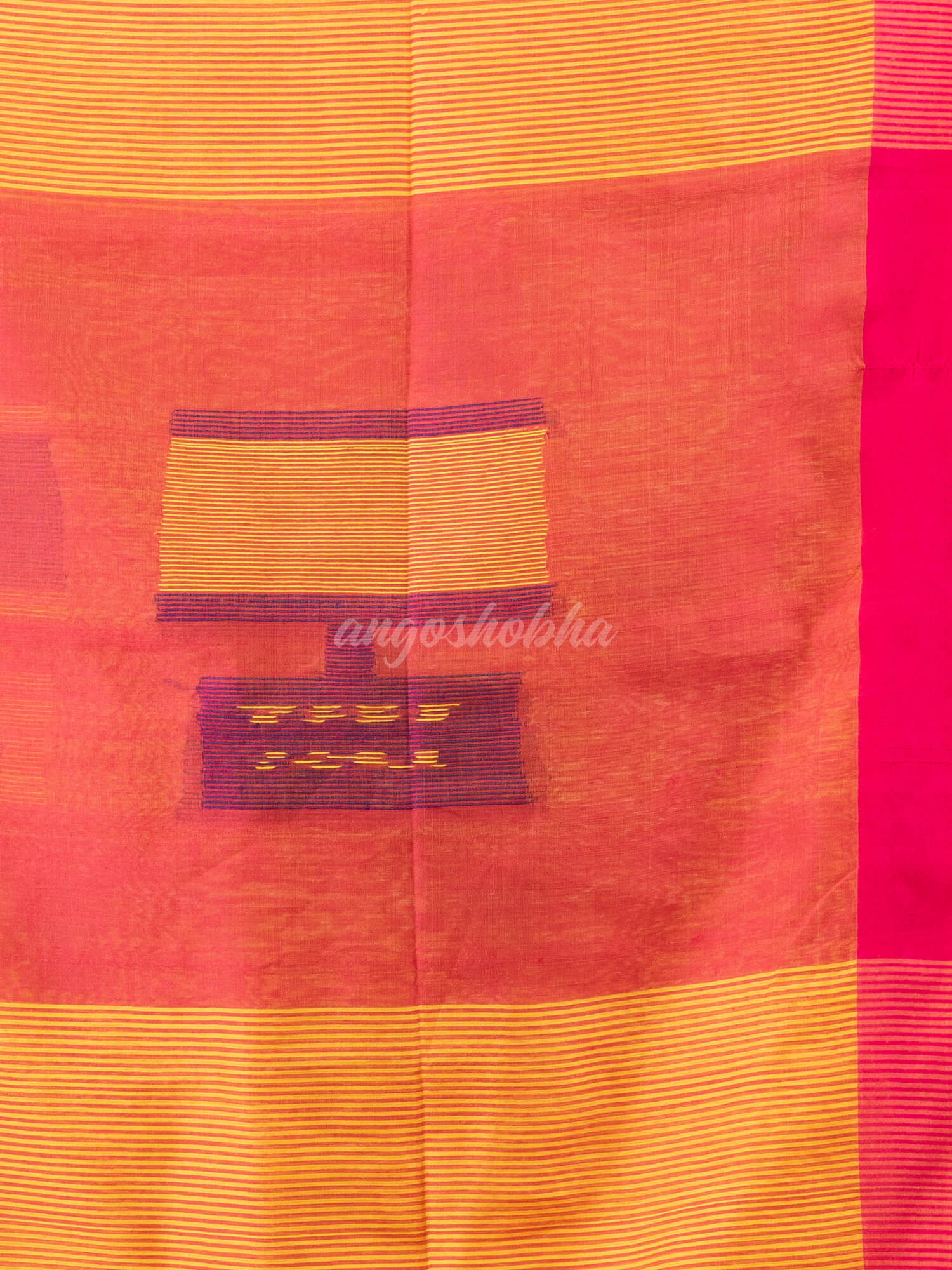 Yellow cotton blend all body laptop motive with pallu red jamdani saree