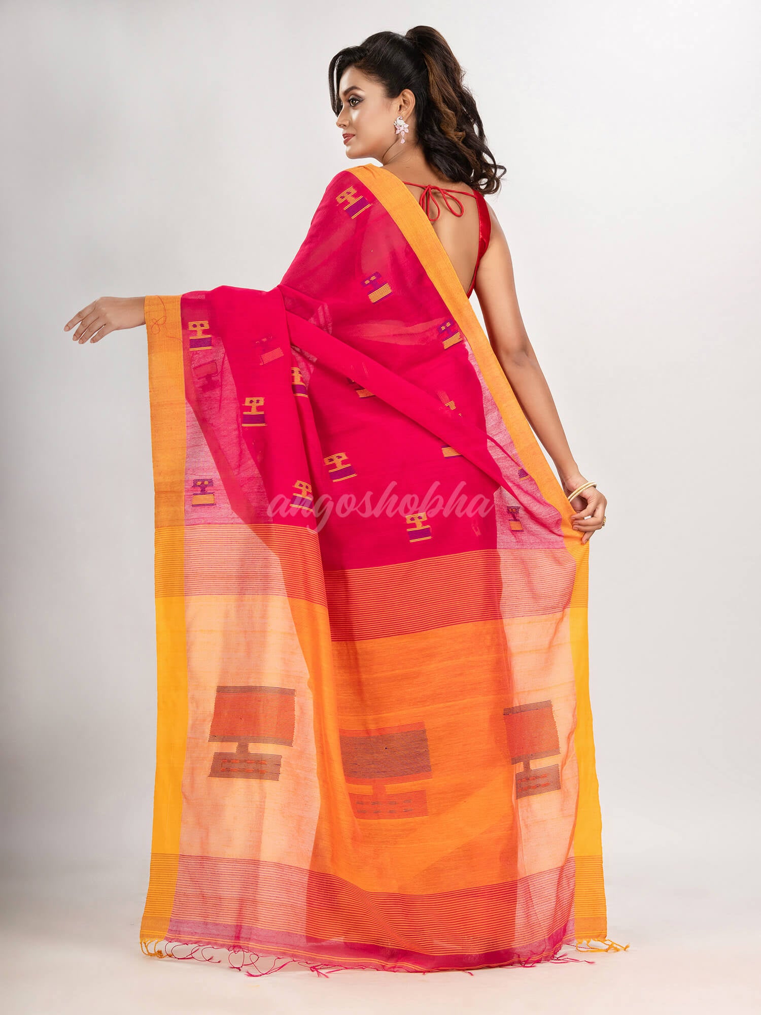 Rani cotton blend all body laptop motive with pallu yellow jamdani saree