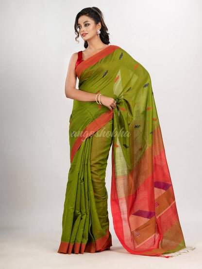 Venom green cotton blend all body motive with red pallu hut motive jamdani saree