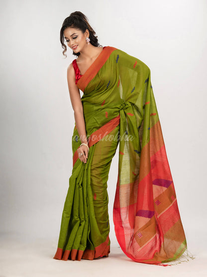 Venom green cotton blend all body motive with red pallu hut motive jamdani saree