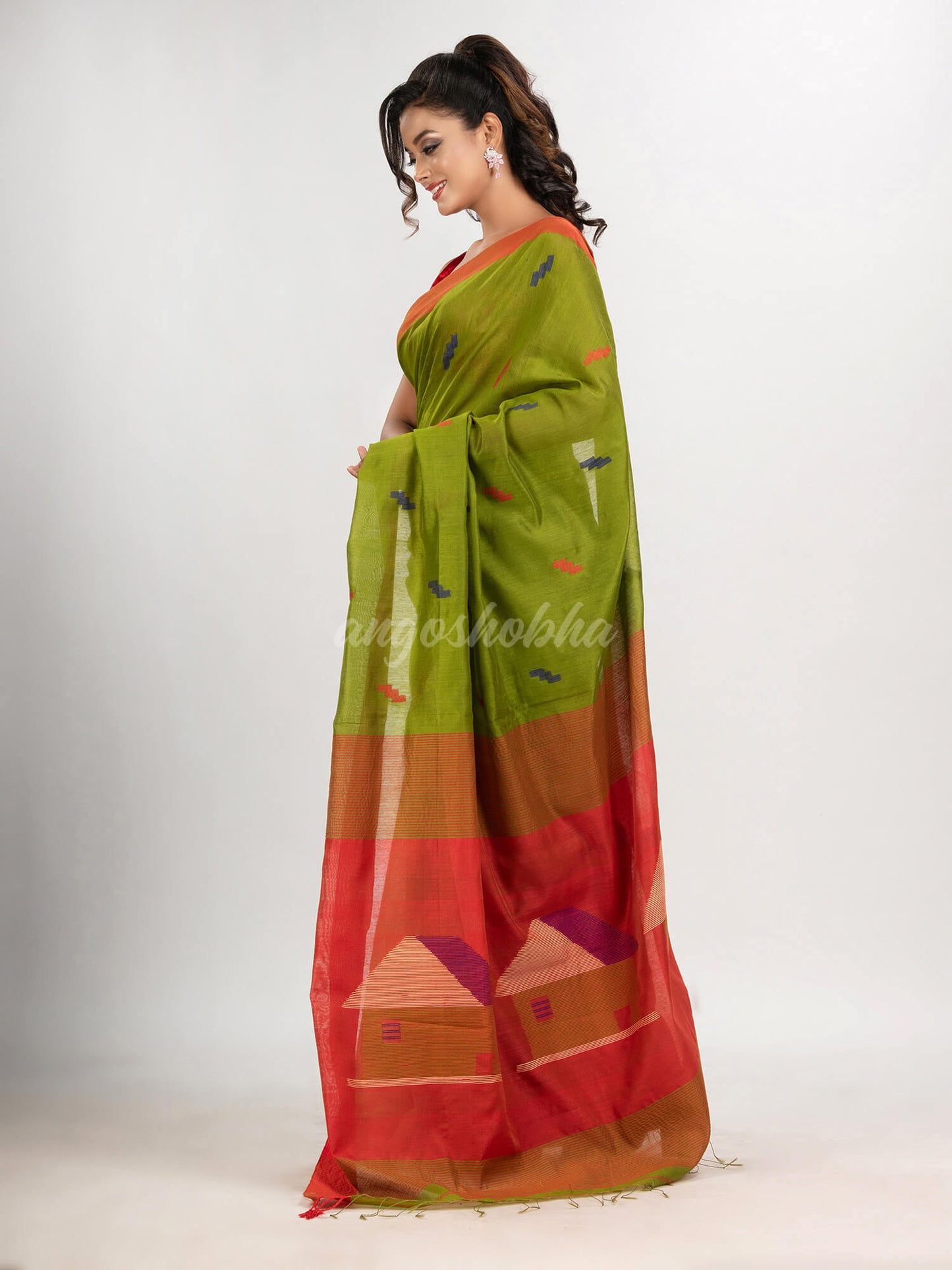 Venom green cotton blend all body motive with red pallu hut motive jamdani saree