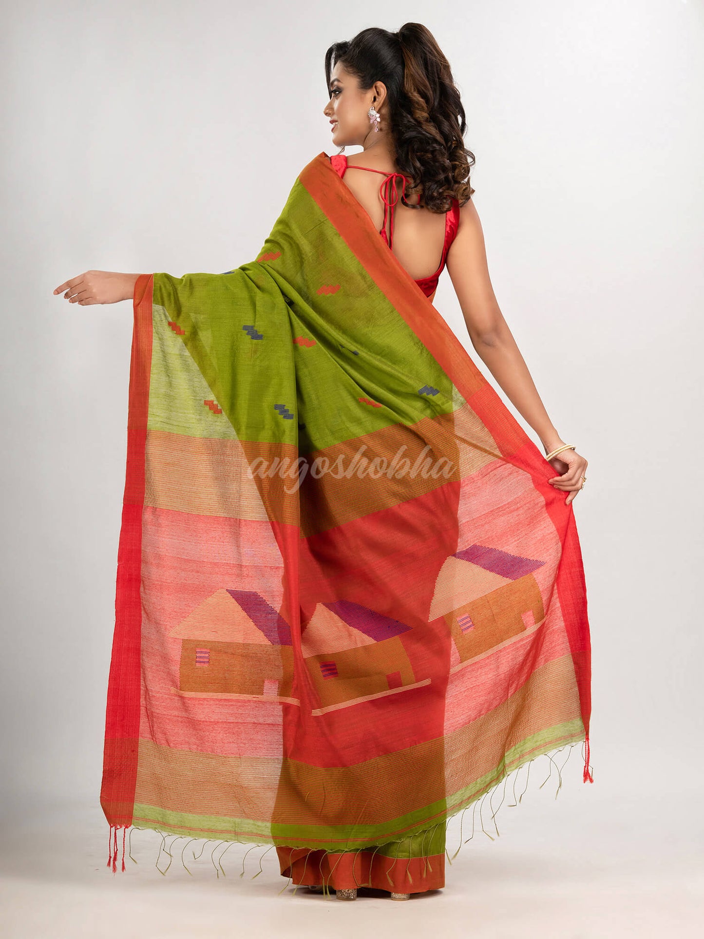 Venom green cotton blend all body motive with red pallu hut motive jamdani saree