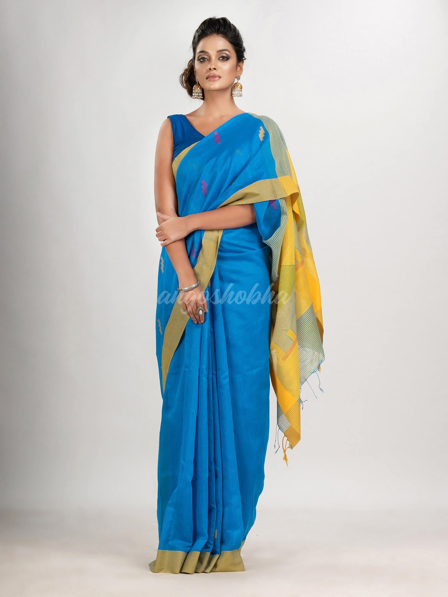 Sky blue cotton blend all body motive with yellow pallu hut motive jamdani saree