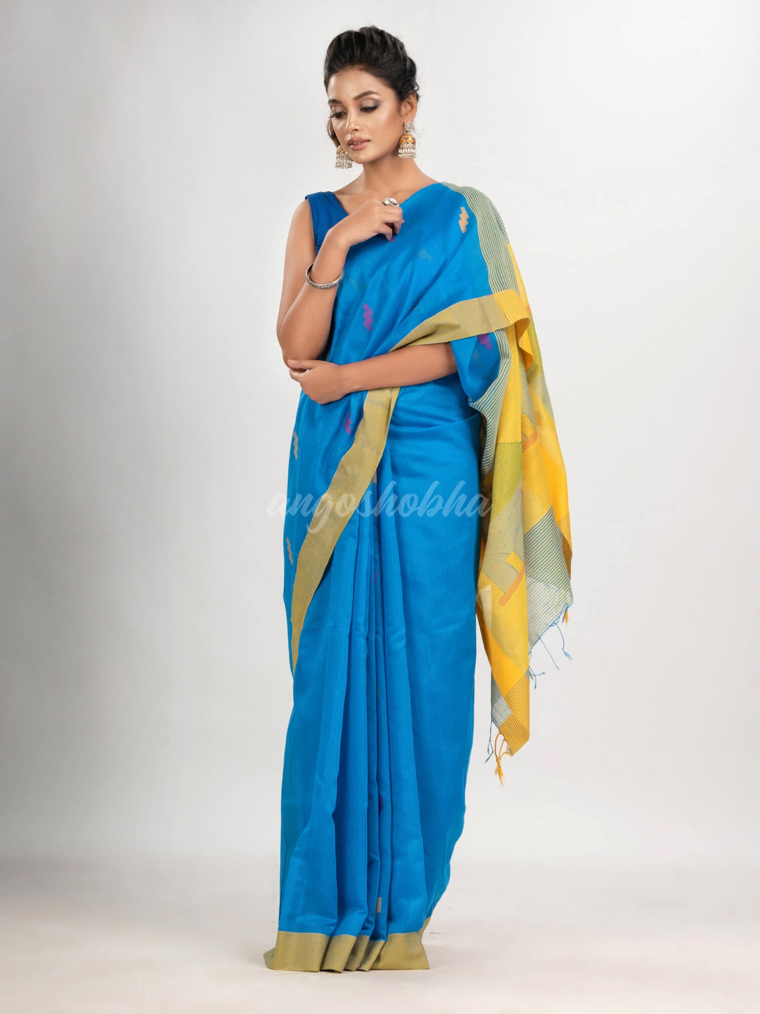 Sky blue cotton blend all body motive with yellow pallu hut motive jamdani saree
