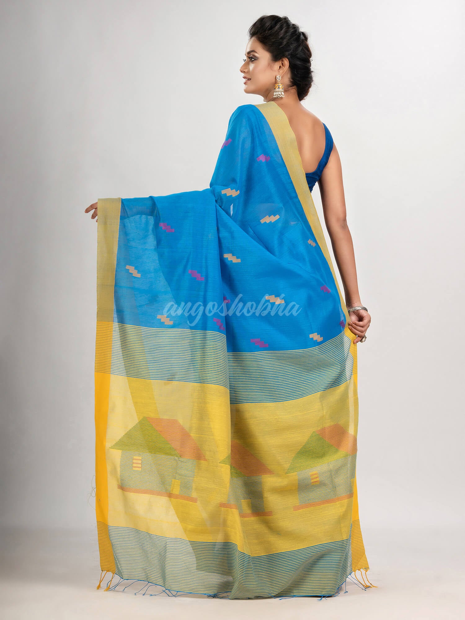 Sky blue cotton blend all body motive with yellow pallu hut motive jamdani saree