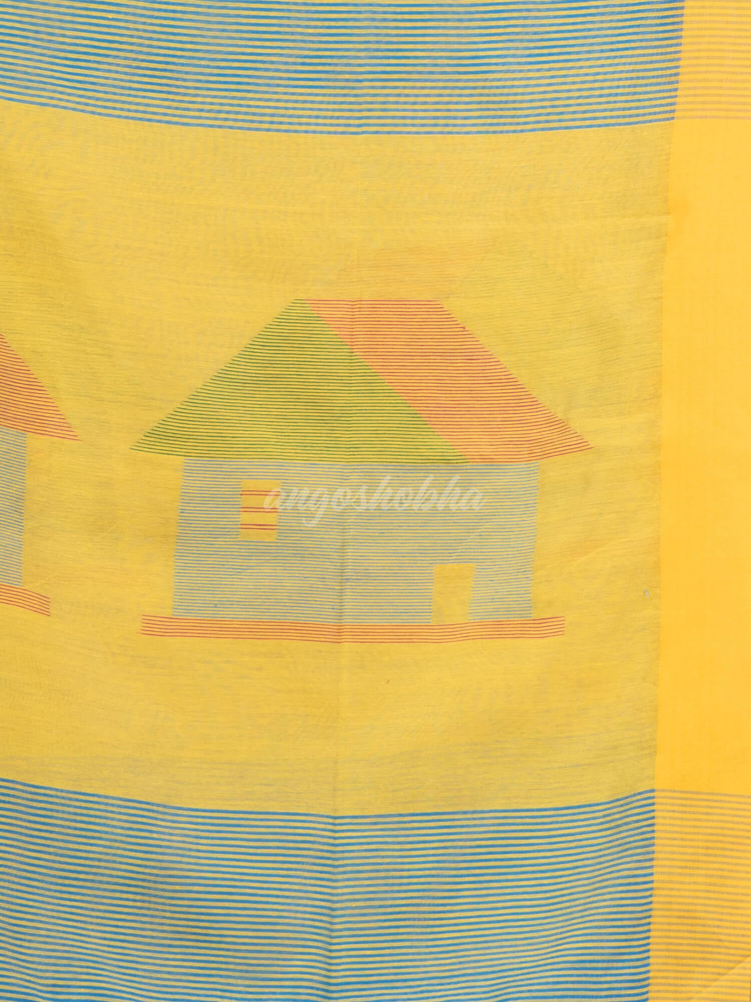 Sky blue cotton blend all body motive with yellow pallu hut motive jamdani saree