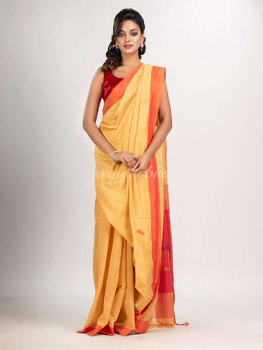 Light yellow cotton blend all body motive with red pallu hut motive jamdani saree