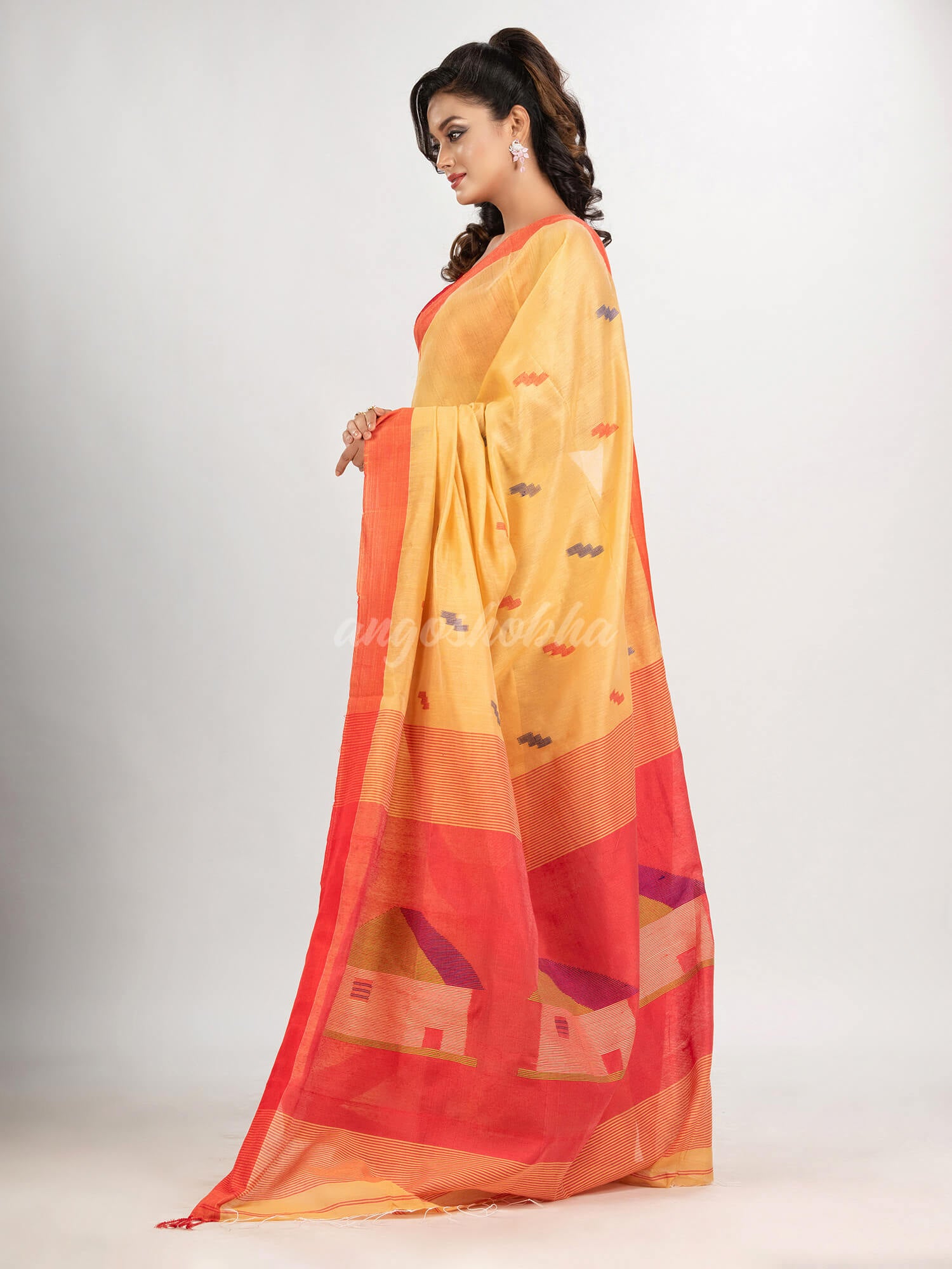 Light yellow cotton blend all body motive with red pallu hut motive jamdani saree