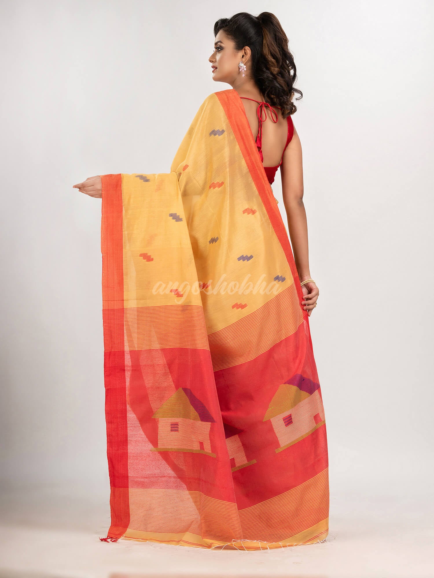 Light yellow cotton blend all body motive with red pallu hut motive jamdani saree