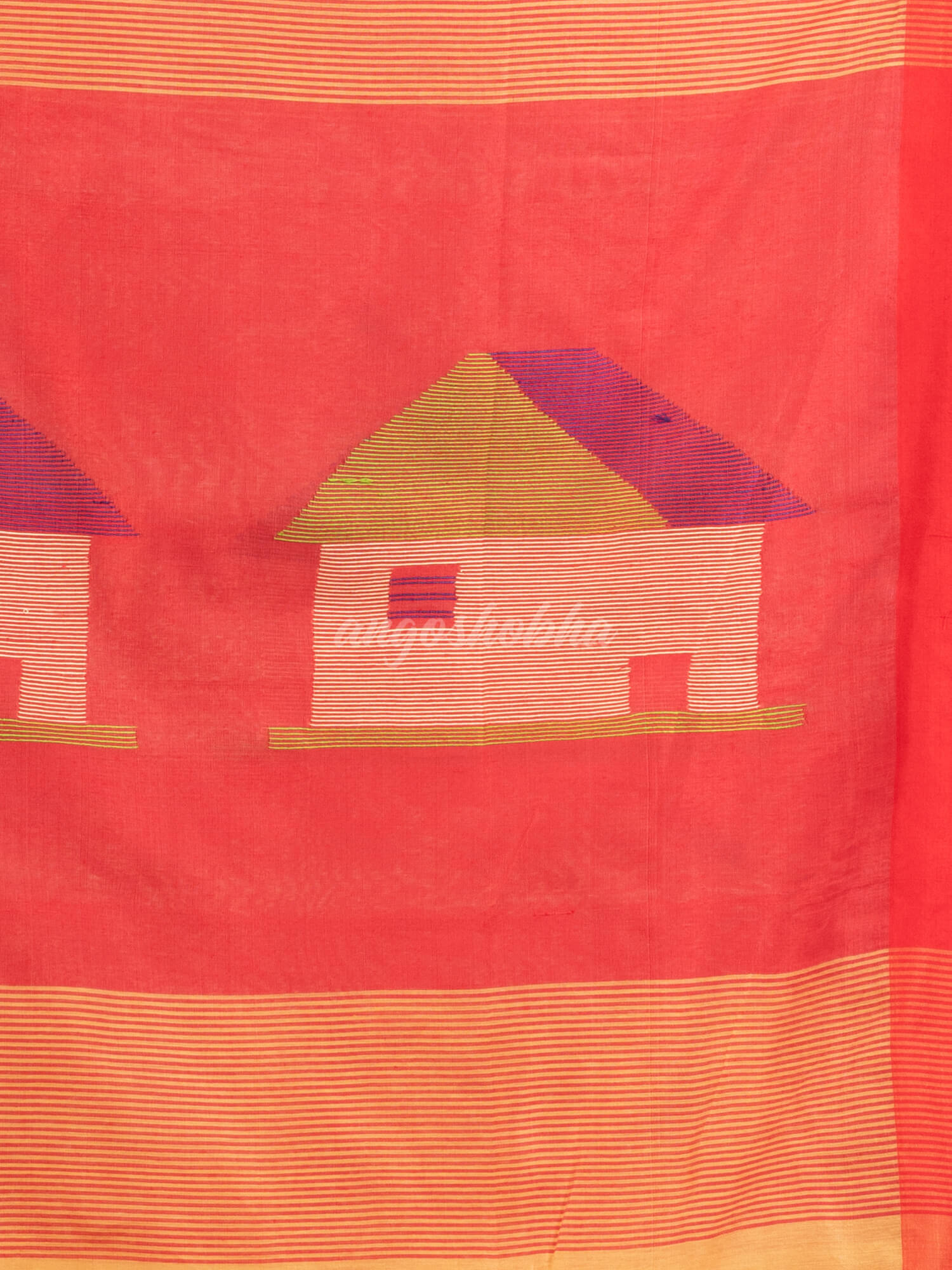 Light yellow cotton blend all body motive with red pallu hut motive jamdani saree