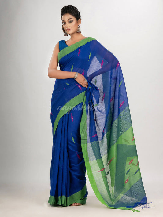 Royal blue cotton blend all body motive with green pallu jamdani saree