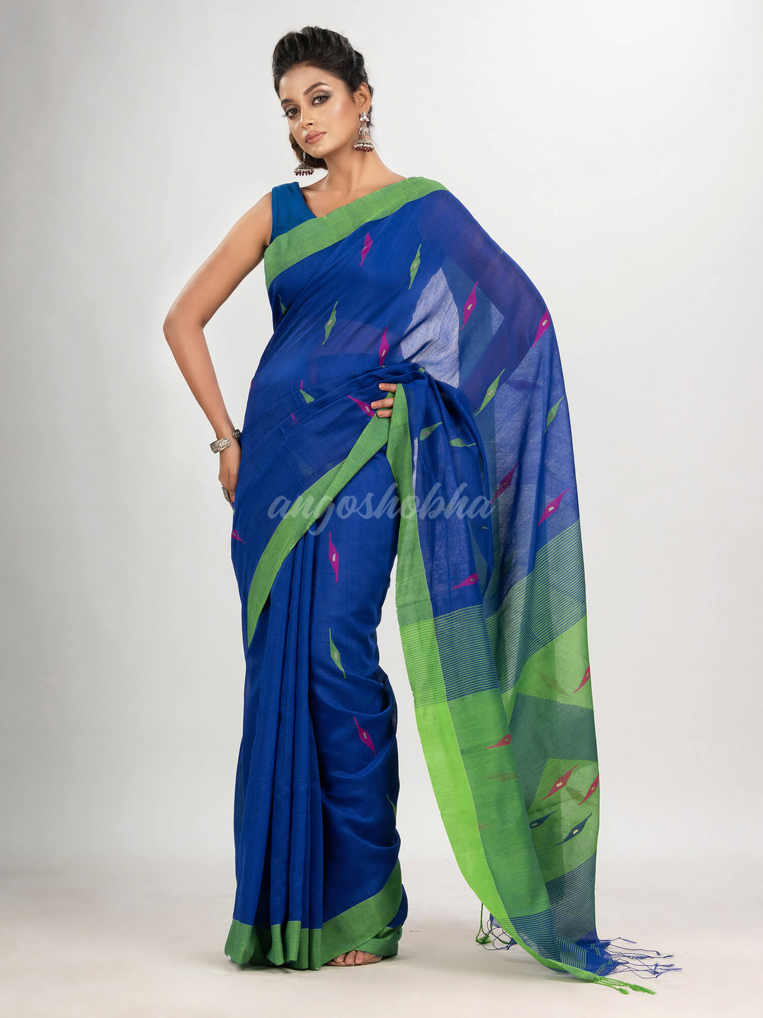 Royal blue cotton blend all body motive with green pallu jamdani saree