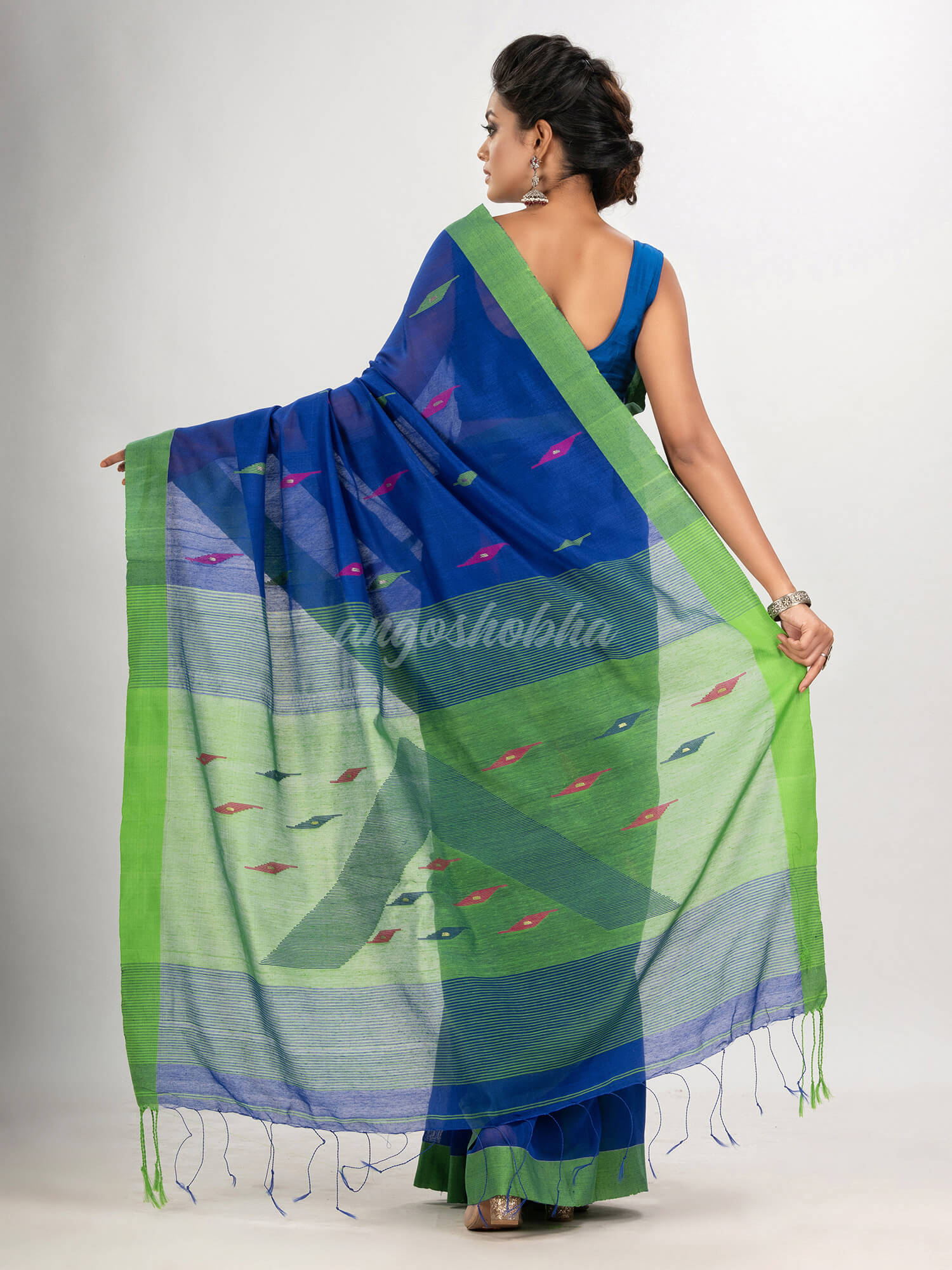 Royal blue cotton blend all body motive with green pallu jamdani saree