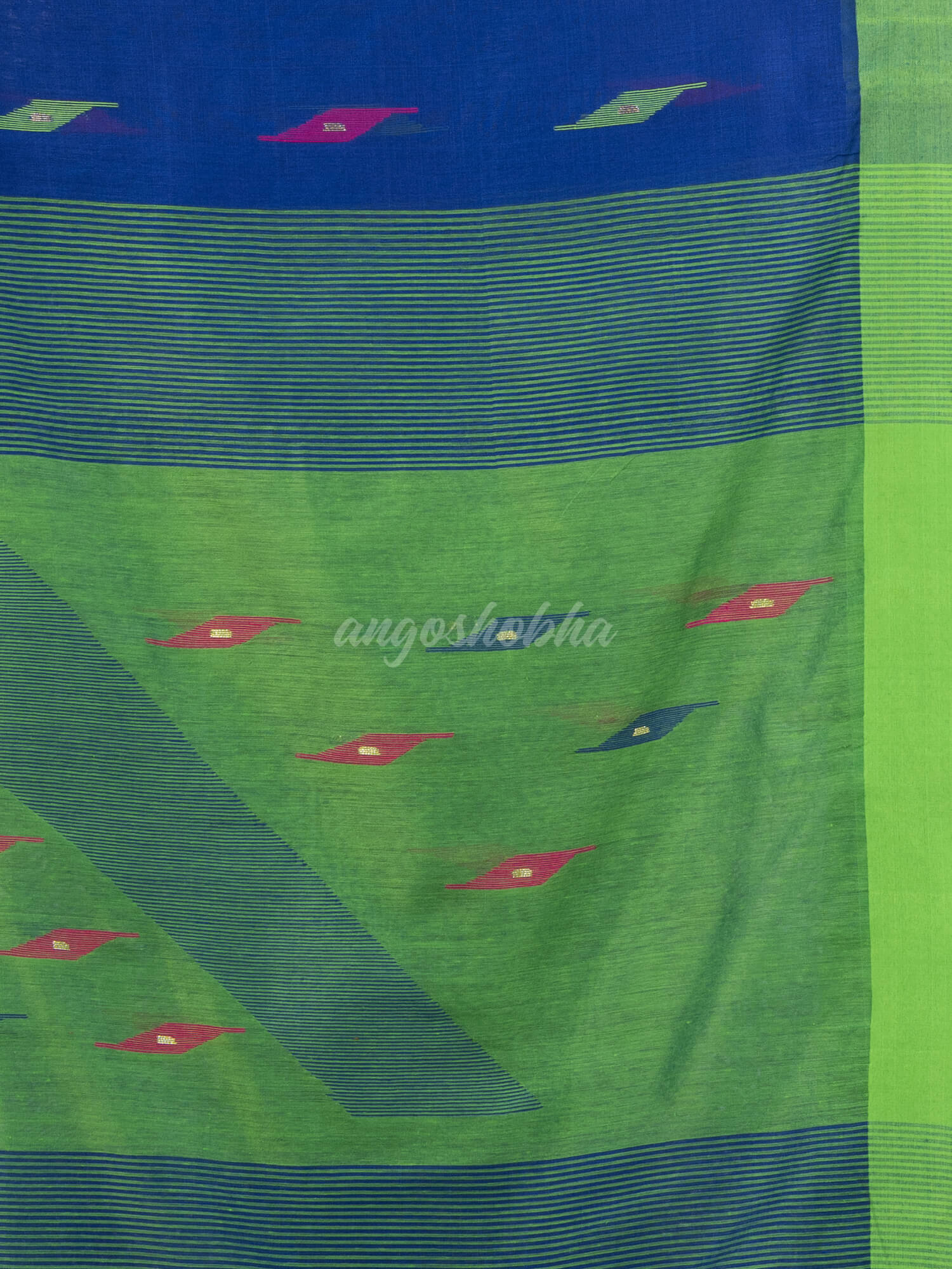 Royal blue cotton blend all body motive with green pallu jamdani saree
