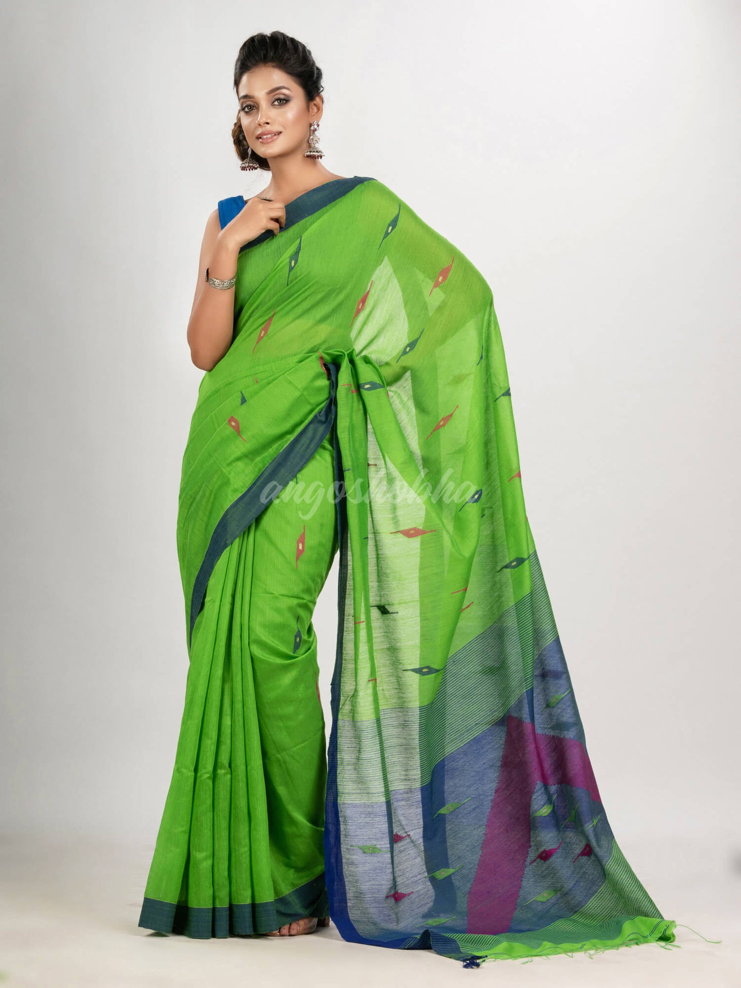 Green cotton blend all body motive with blue pallu jamdani saree