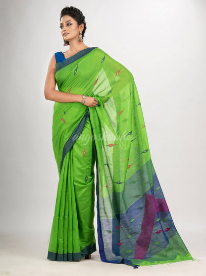 Green cotton blend all body motive with blue pallu jamdani saree