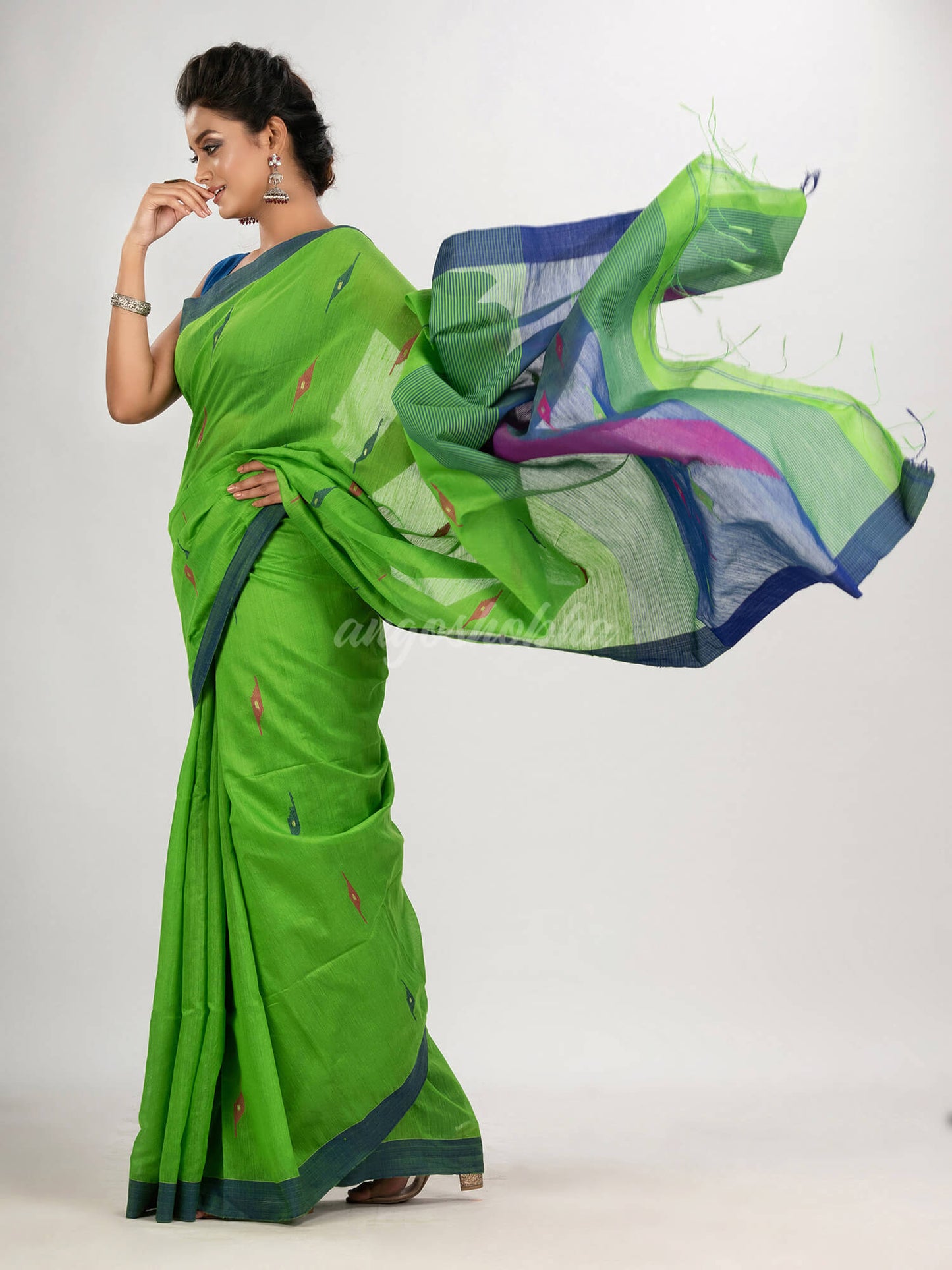 Green cotton blend all body motive with blue pallu jamdani saree