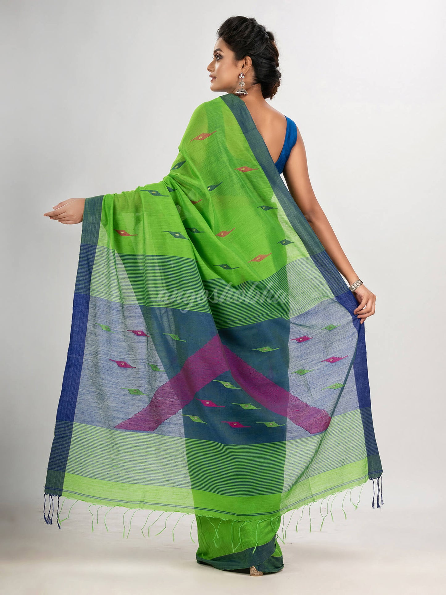 Green cotton blend all body motive with blue pallu jamdani saree