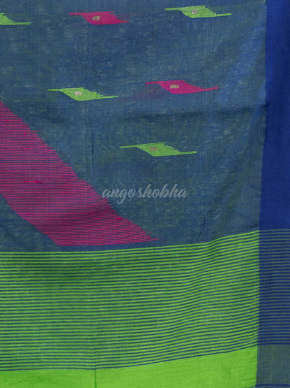 Green cotton blend all body motive with blue pallu jamdani saree