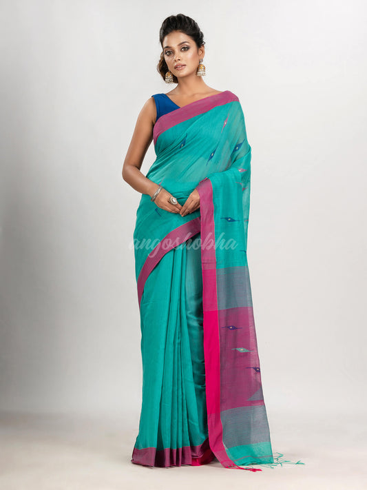 Turquoise cotton blend all body motive with pink pallu jamdani saree