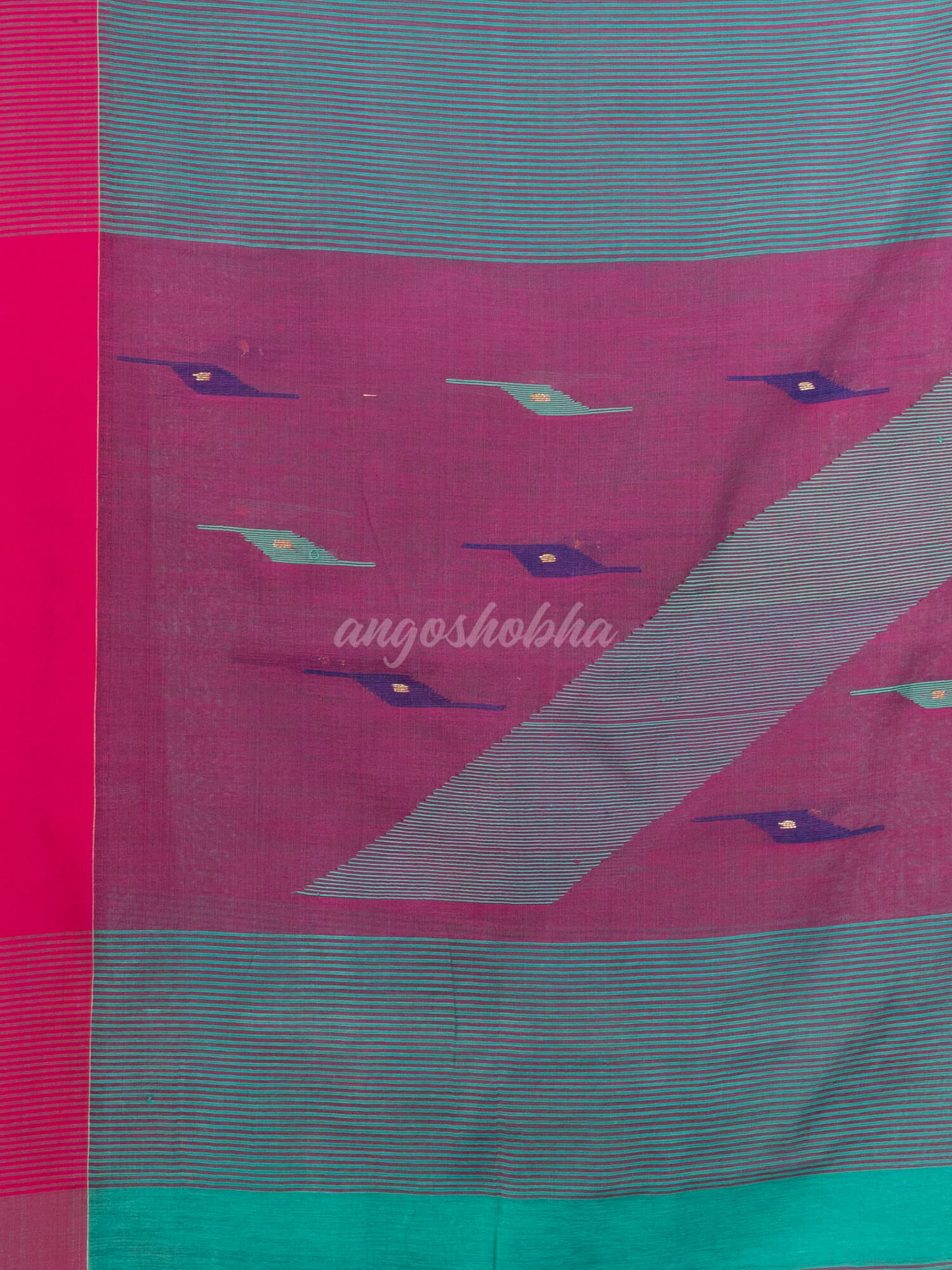 Turquoise cotton blend all body motive with pink pallu jamdani saree