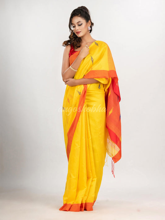 yellow cotton blend all body motive with red pallu jamdani saree