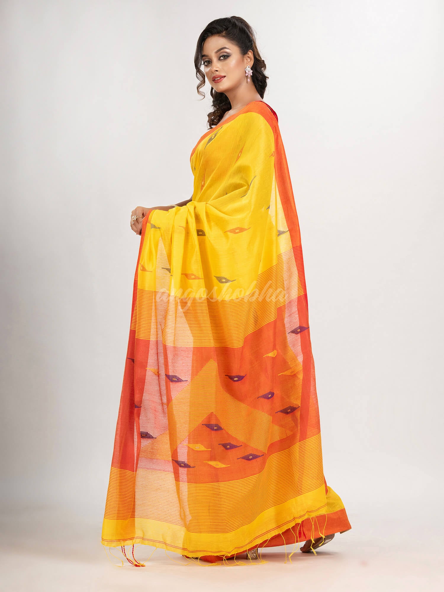yellow cotton blend all body motive with red pallu jamdani saree