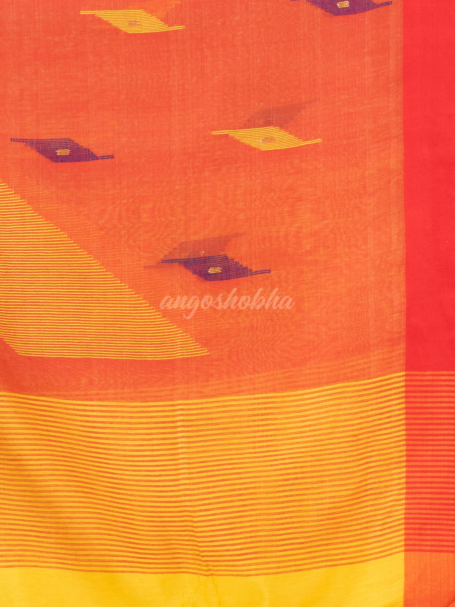 yellow cotton blend all body motive with red pallu jamdani saree