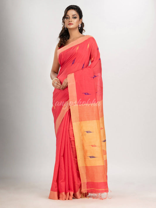 pastel red cotton blend all body motive with light yellow pallu jamdani saree