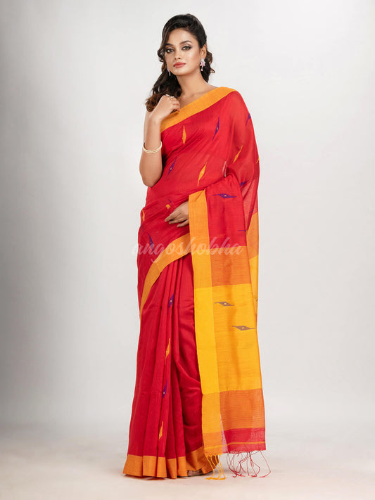 Red cotton blend all body motive with yellow pallu jamdani saree