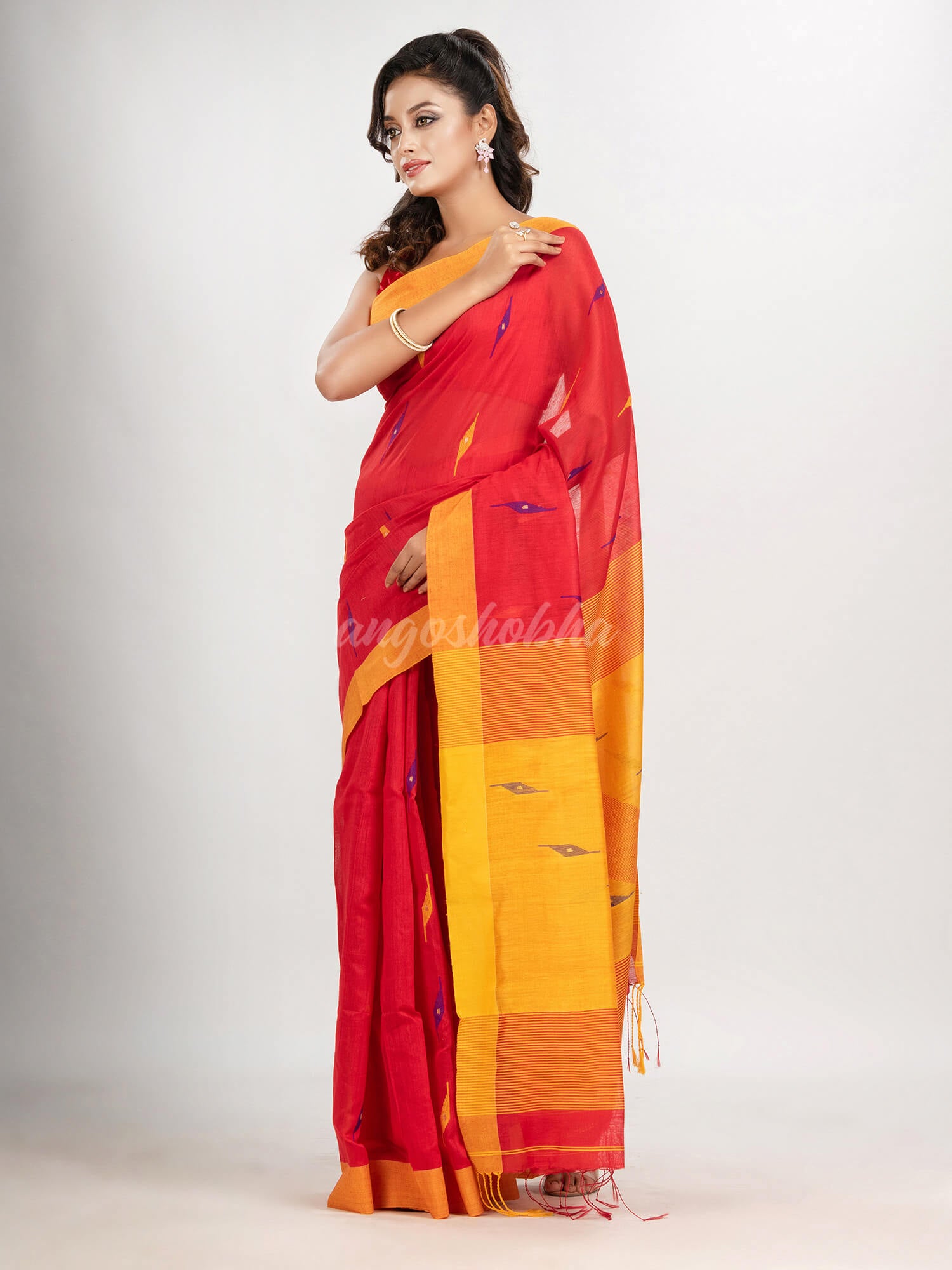 Red cotton blend all body motive with yellow pallu jamdani saree