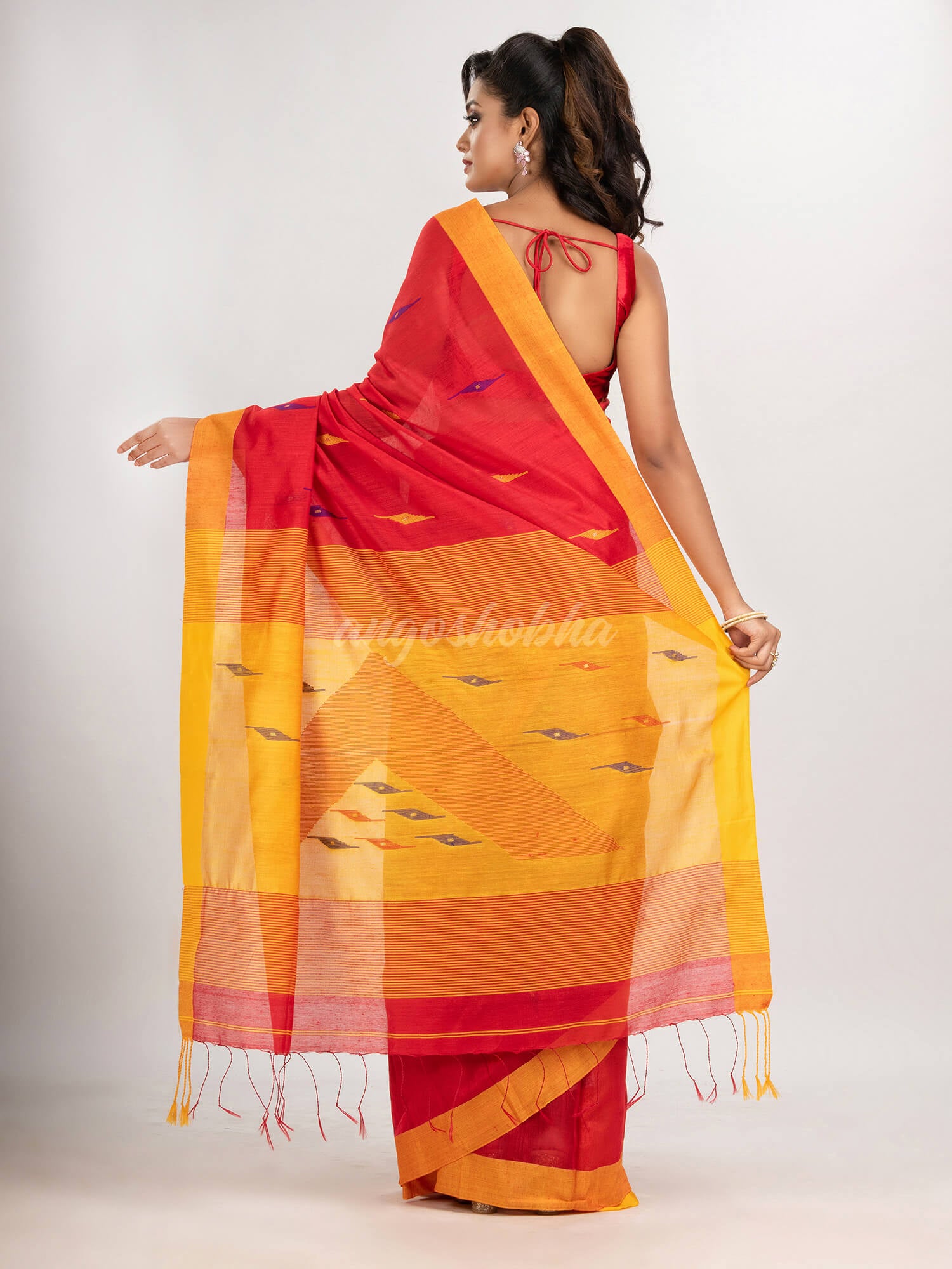 Red cotton blend all body motive with yellow pallu jamdani saree