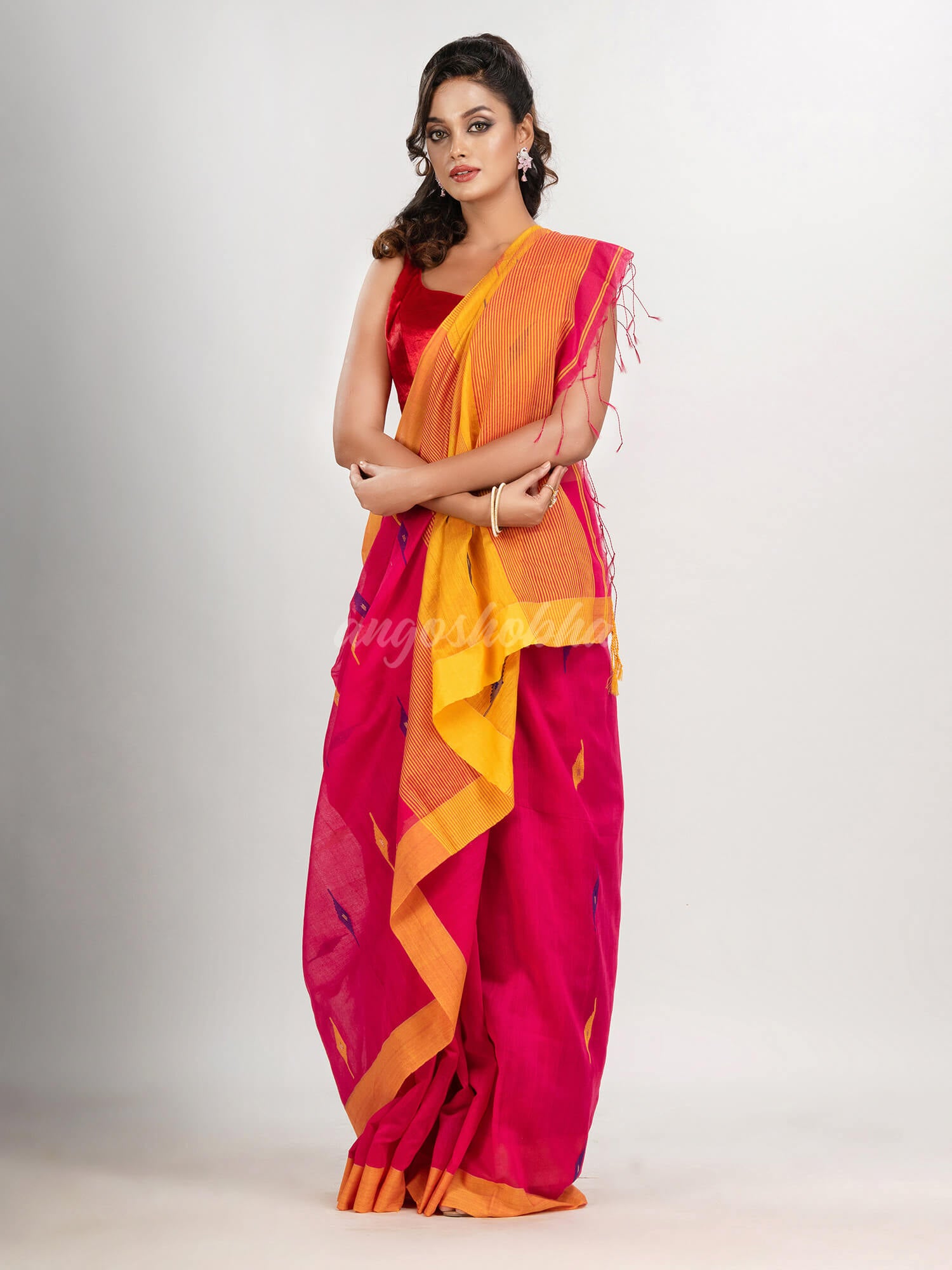Deep pink cotton blend all body motive with yellow pallu jamdani saree