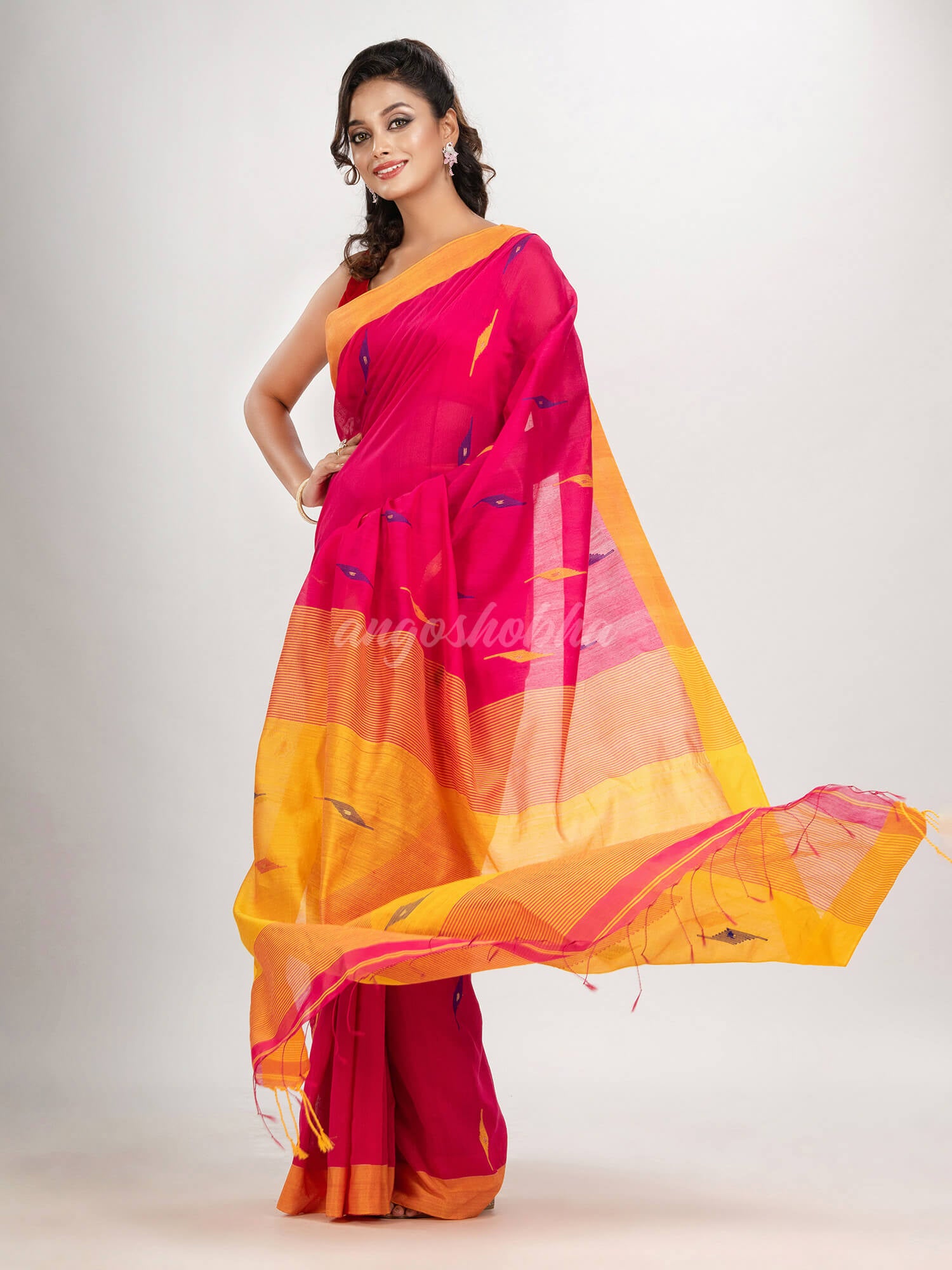 Deep pink cotton blend all body motive with yellow pallu jamdani saree
