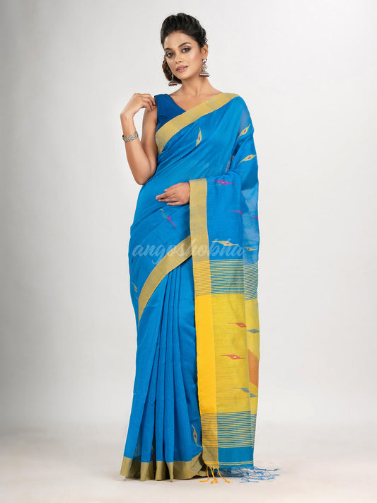 Auqa blue cotton blend all body motive with yellow pallu jamdani saree