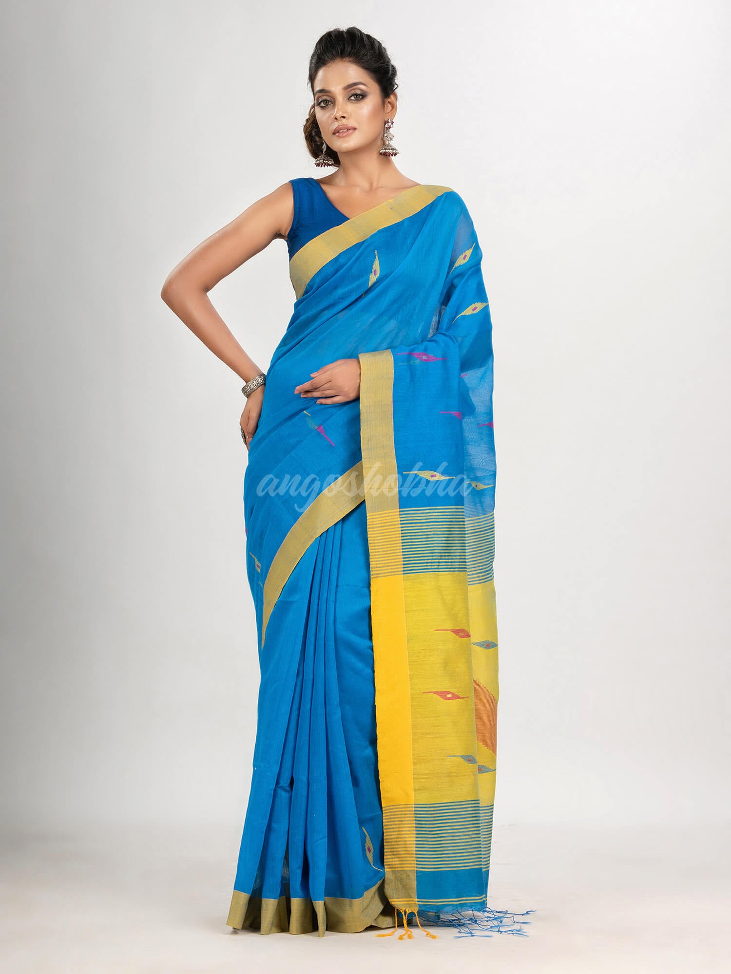 Auqa blue cotton blend all body motive with yellow pallu jamdani saree
