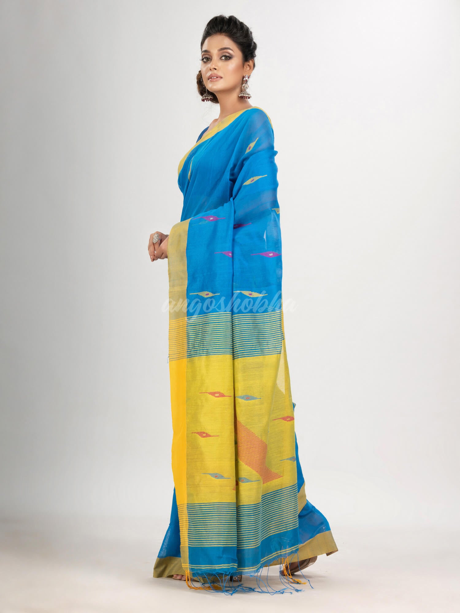 Auqa blue cotton blend all body motive with yellow pallu jamdani saree
