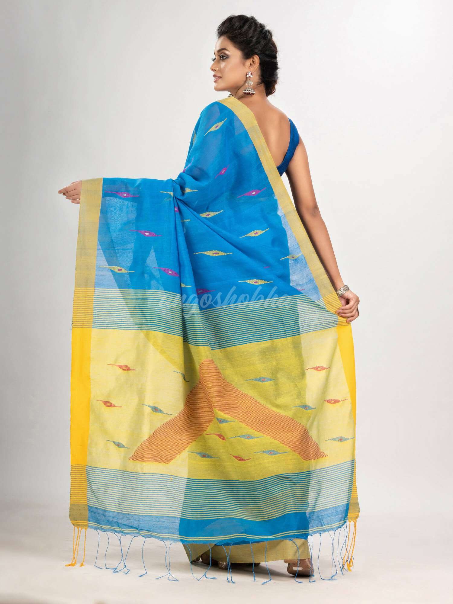 Auqa blue cotton blend all body motive with yellow pallu jamdani saree