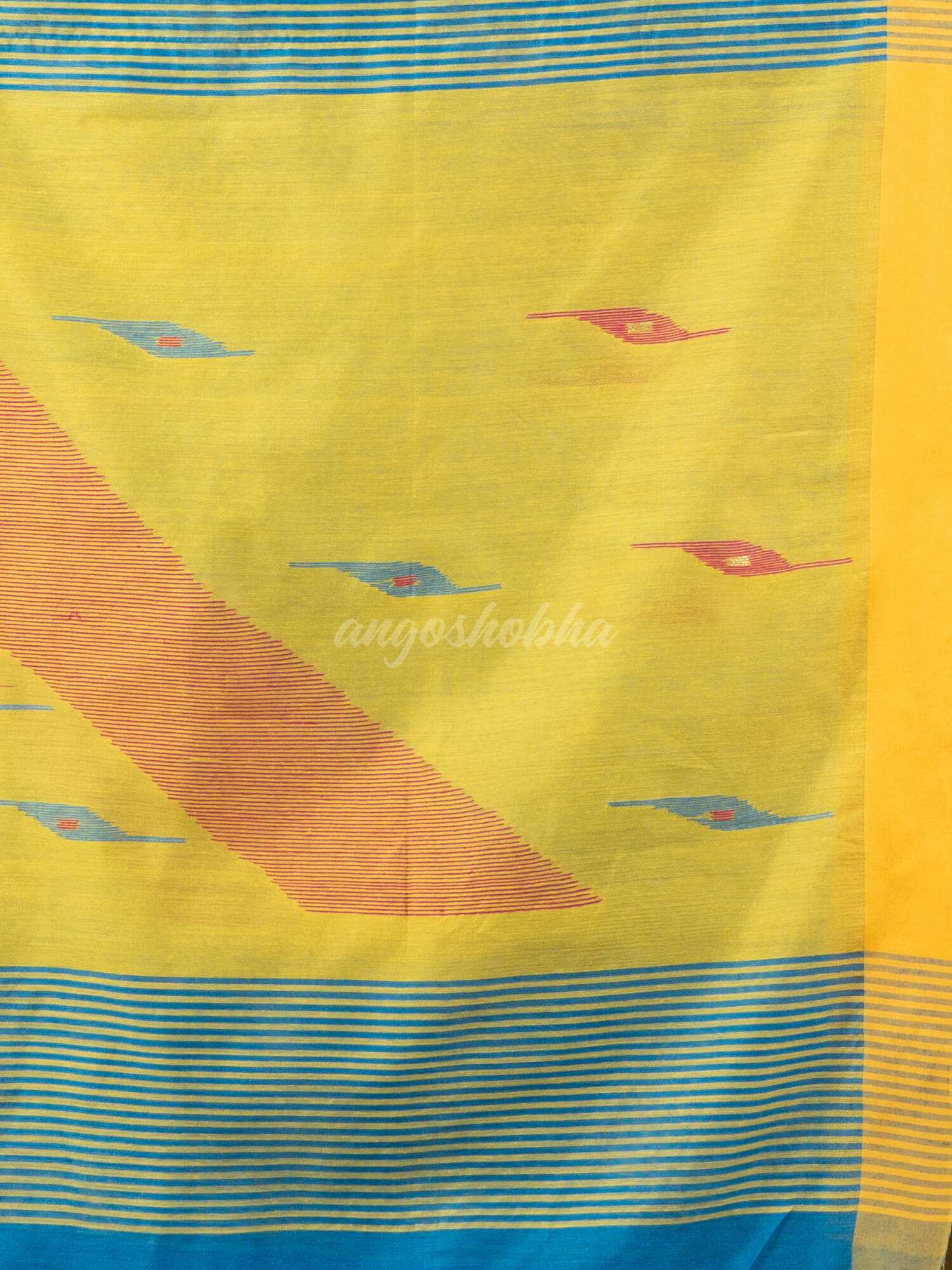 Auqa blue cotton blend all body motive with yellow pallu jamdani saree