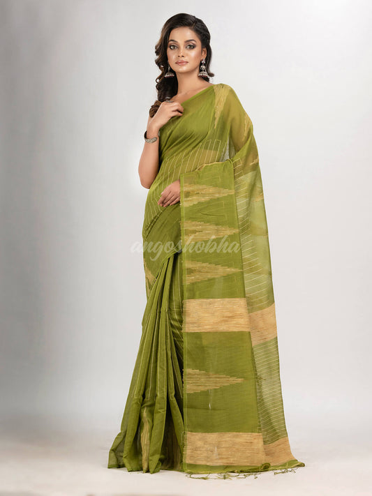 Pista green cotton blend handloom saree