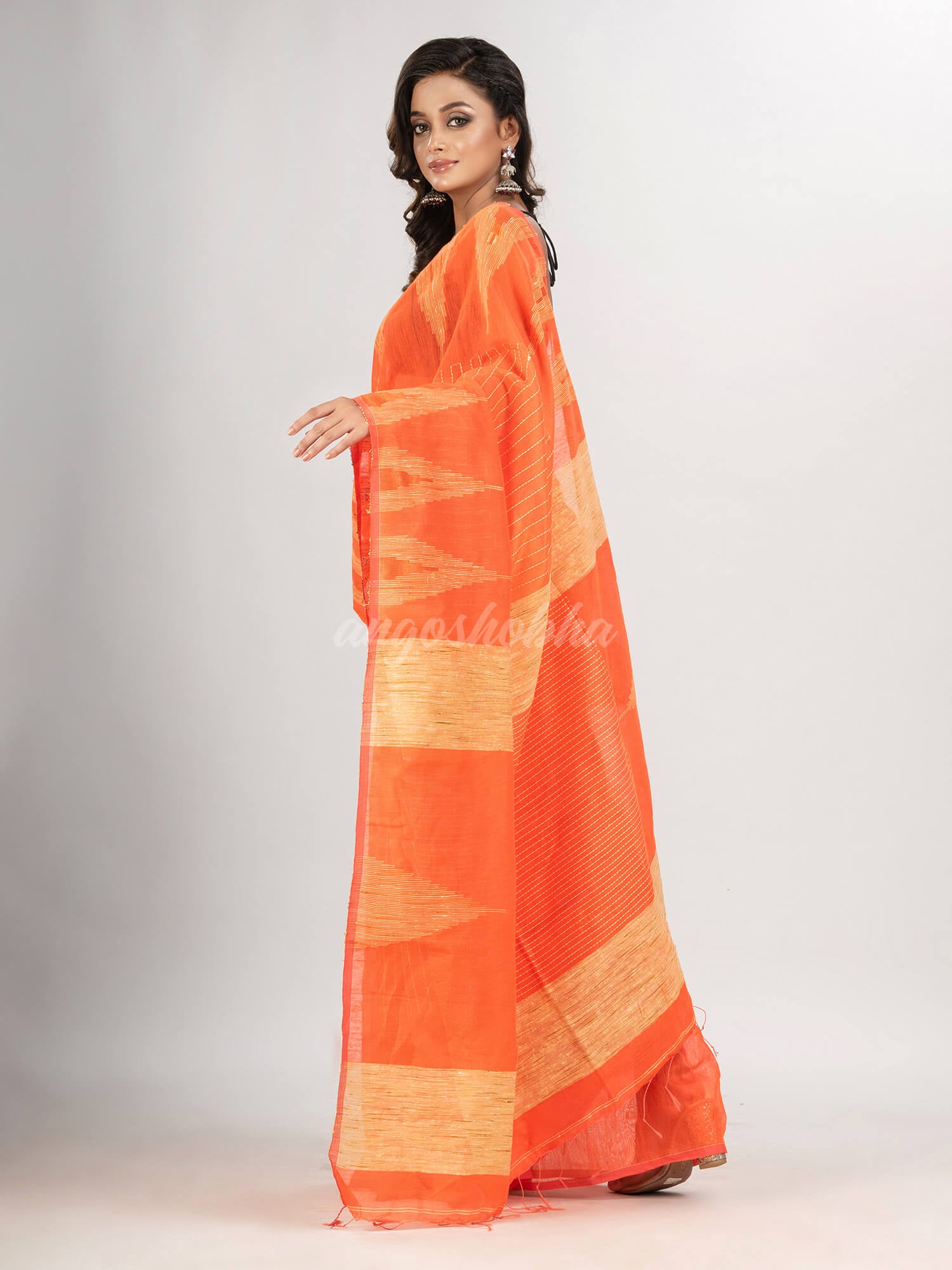 Orange cotton blend handloom saree