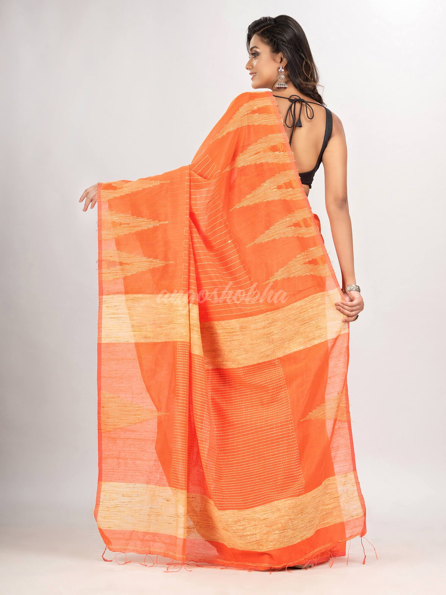 Orange cotton blend handloom saree