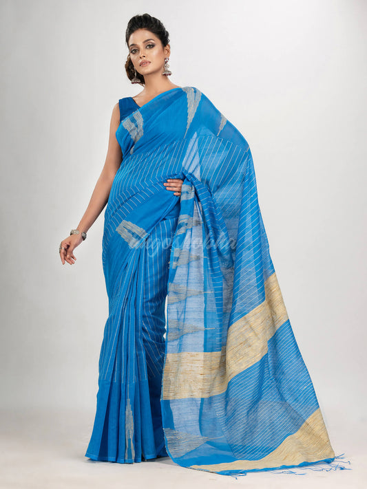 Deep aqua blue cotton blend handloom saree