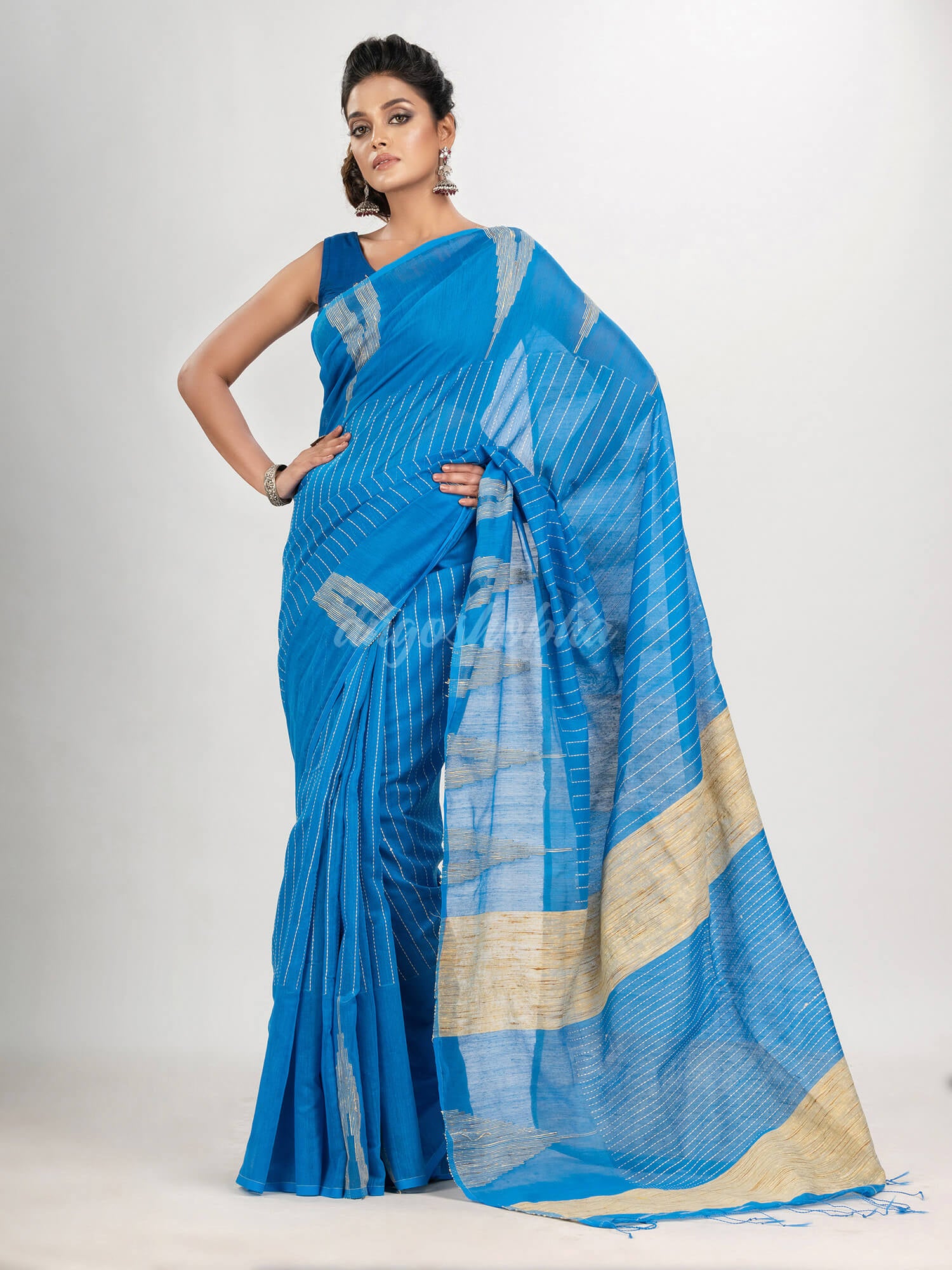 Deep aqua blue cotton blend handloom saree