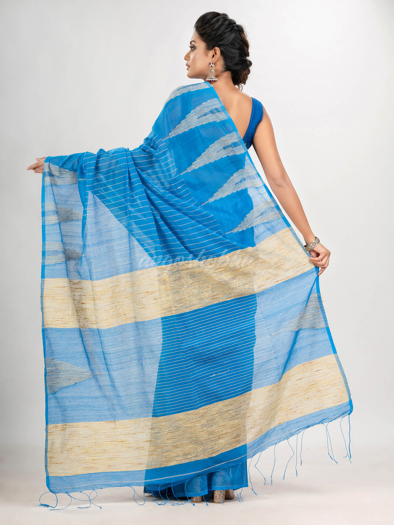 Deep aqua blue cotton blend handloom saree