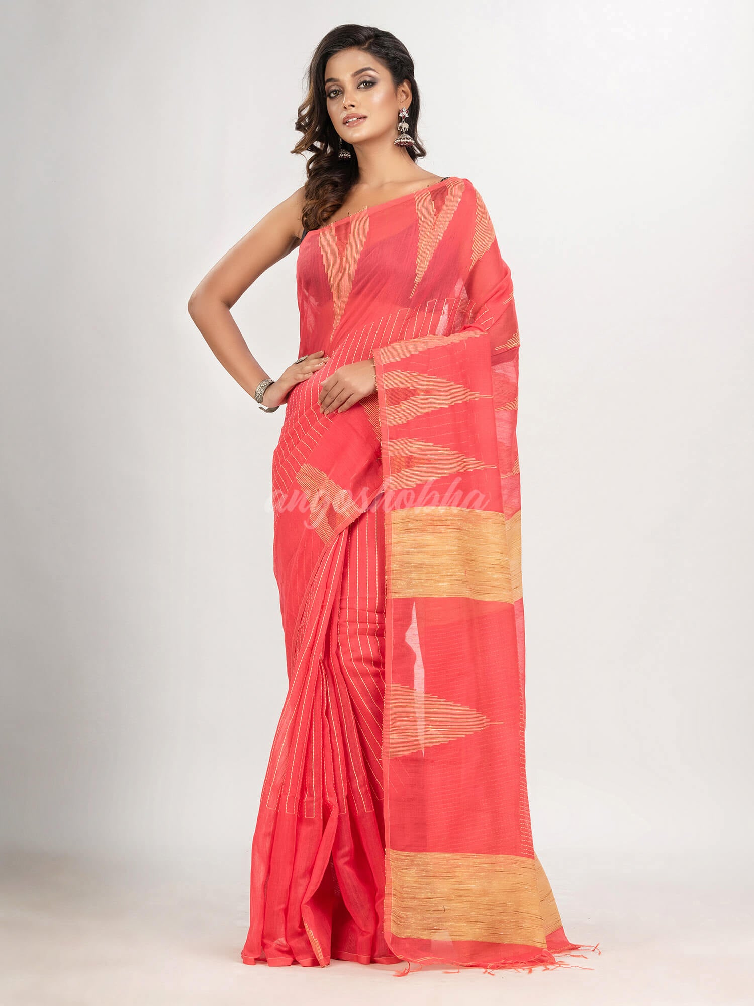 Pastel red cotton blend handloom saree