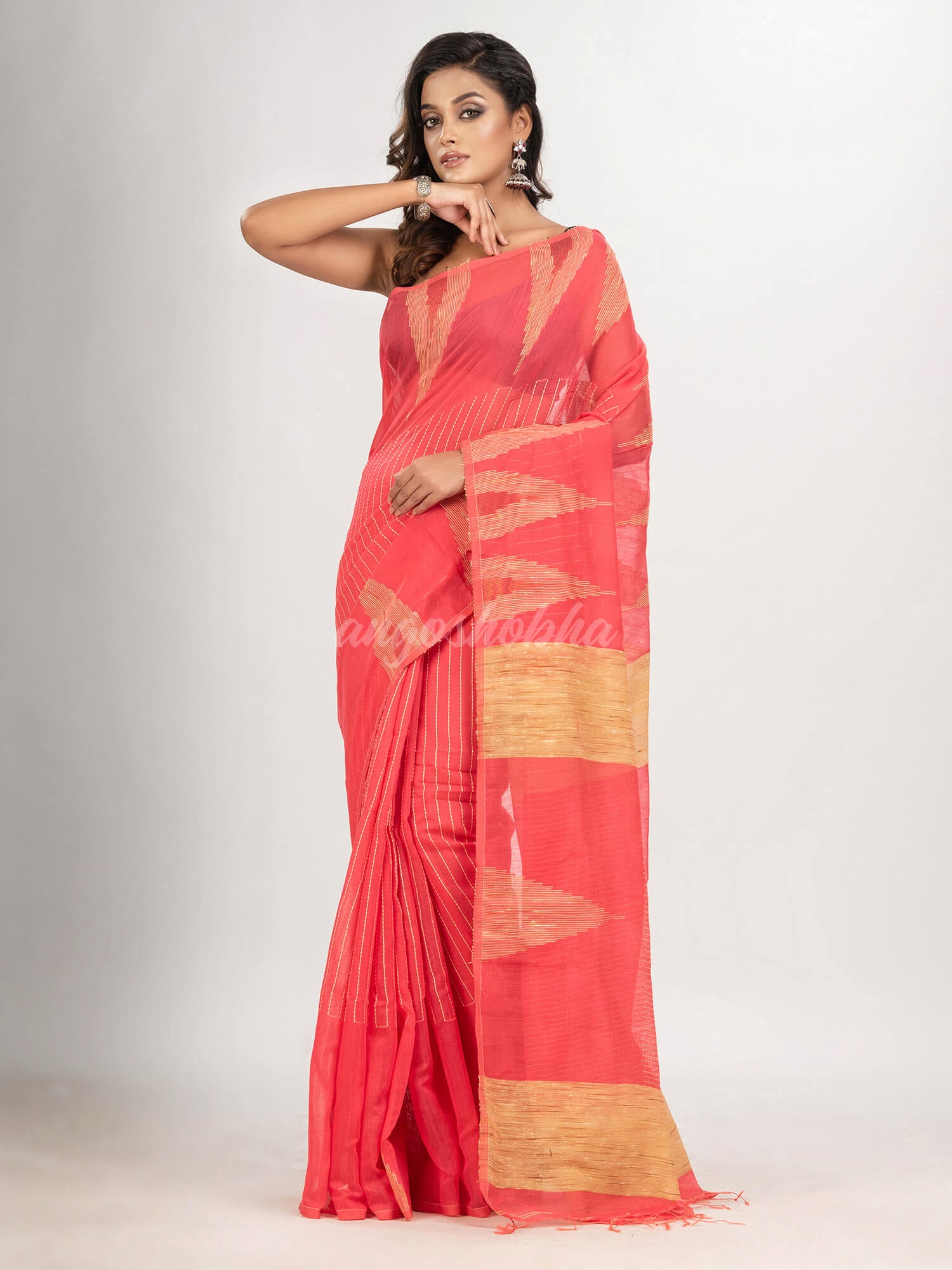 Pastel red cotton blend handloom saree